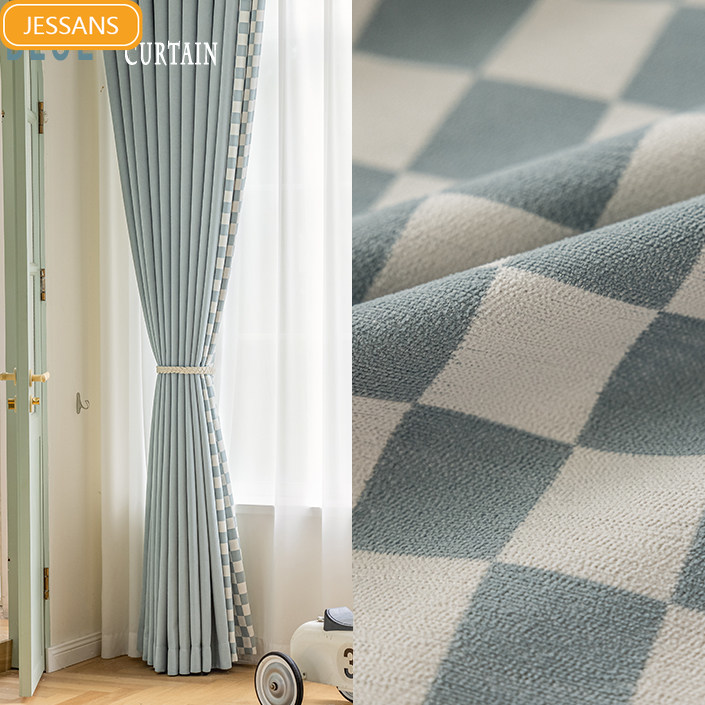 Baby Products Rating - Nieuwe babyblauwe geruite jacquard-gordijnen met chenille-stof